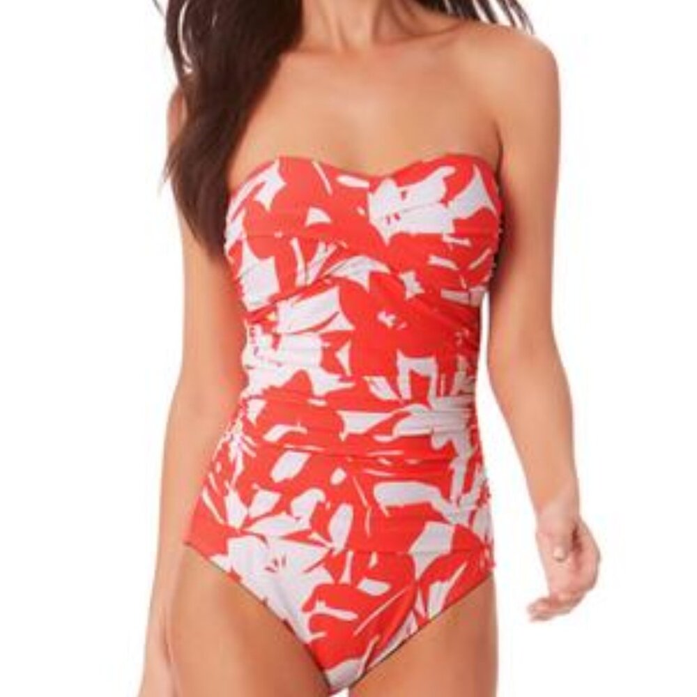 Anne Cole Coral Palms Twist Front Strapless One-Piece Swimsuit